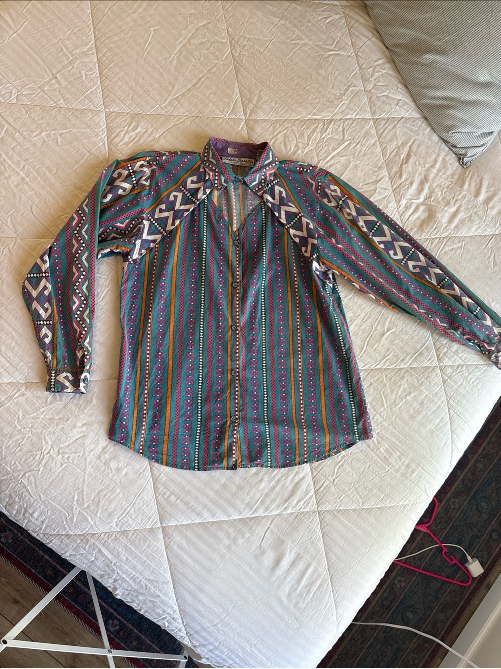 Vintage Adobe Rose Western Shirt Women S Teal  Striped Print Southwestern Cowboy